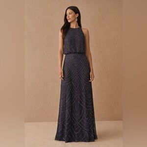 Adrianna Papell Navy Beaded Halter Gown SZ 6 NWT Formal Evening Wedding Art Deco